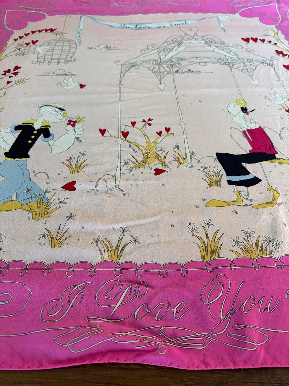 VTG 2001 Moschino Pink Silk Scarf Popeye Olive Oyl In Love We Trust - Picture 2 of 12